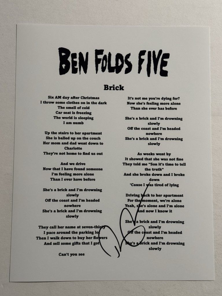 BEN FOLDS SIGNED LYRIC SHEET AUTOGRAPHED PIANIST SINGER LEGEND COA