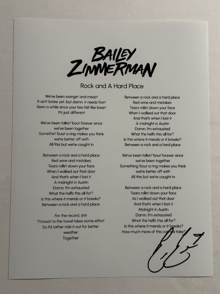 BAILEY ZIMMERMAN HAND SIGNED LYRIC SHEET AUTOGRAPHED COUNTRY SINGER RARE COA