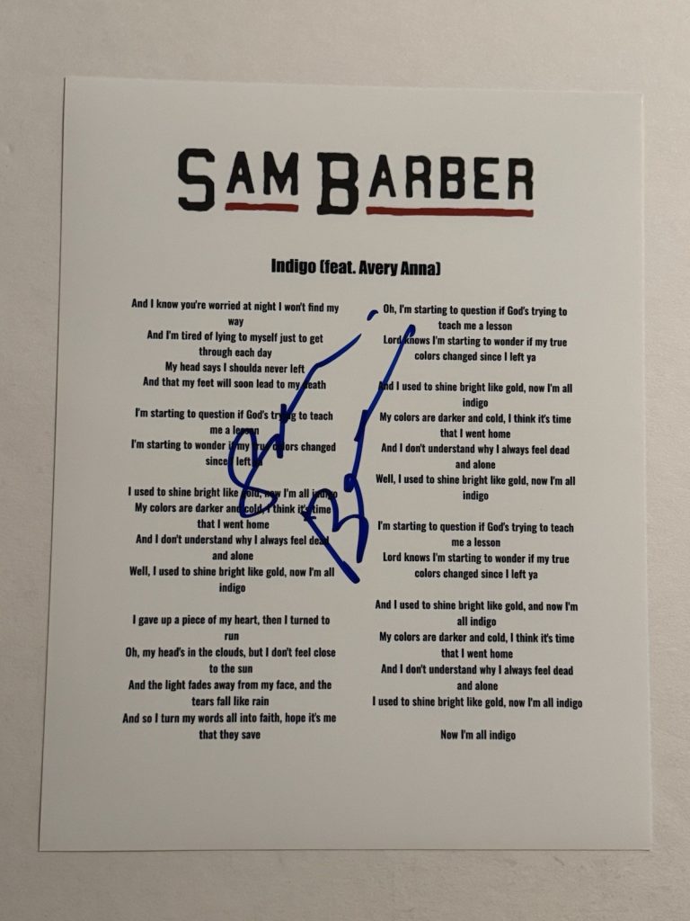 SAM BARBER SIGNED LYRIC SHEET AUTOGRAPHED INDIGO COUNTRY SINGER RARE COA
