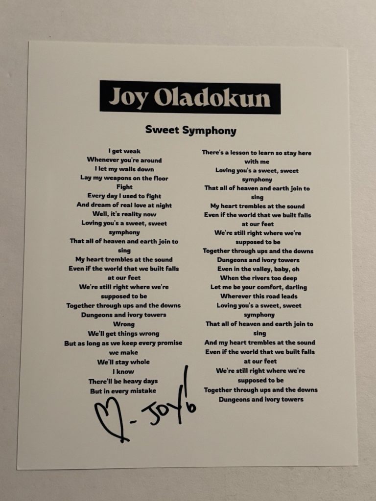 JOY OLADOKUN SIGNED LYRIC SHEET AUTOGRAPHED INDIE SINGER STAR RARE COA