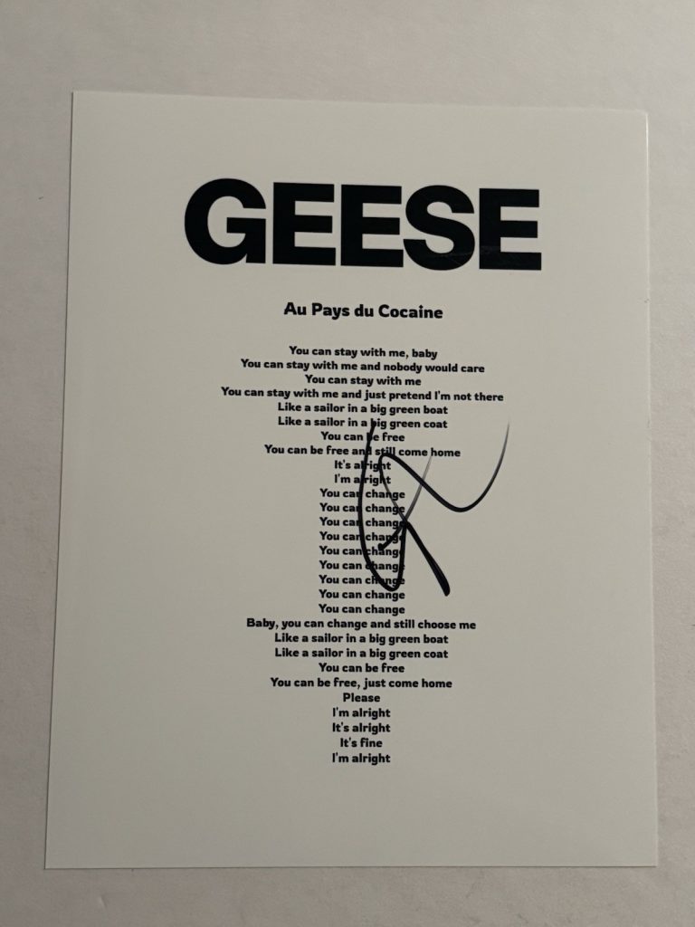 CAMERON WINTER SIGNED LYRIC SHEET AUTOGRAPHED GEESE BAND LEAD SINGER COA
