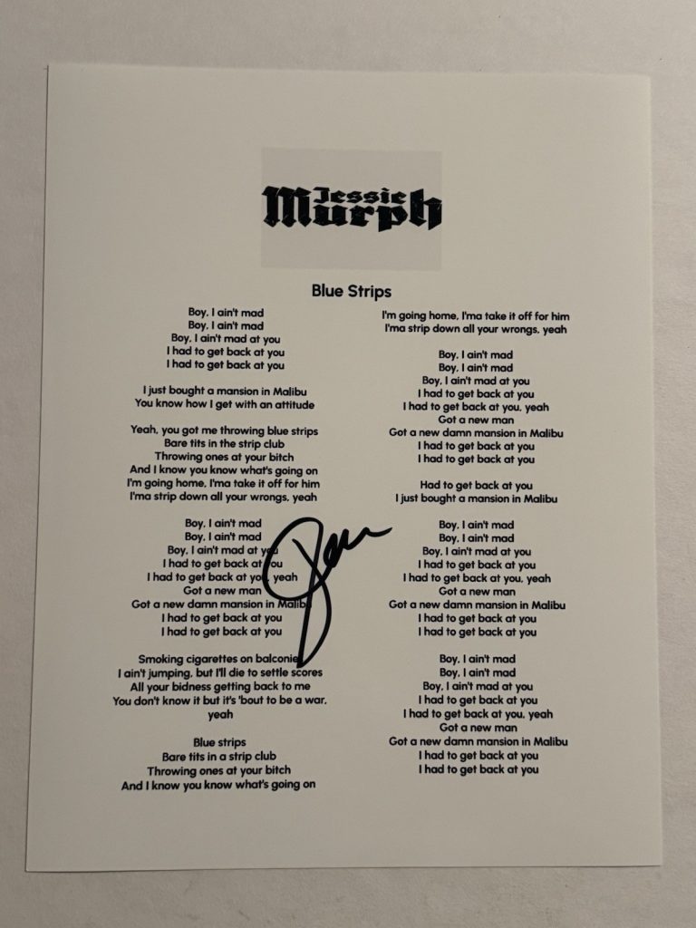 JESSIE MURPH SIGNED LYRIC SHEET AUTOGRAPHED BLUE STRIPS SINGER HOT RARE COA