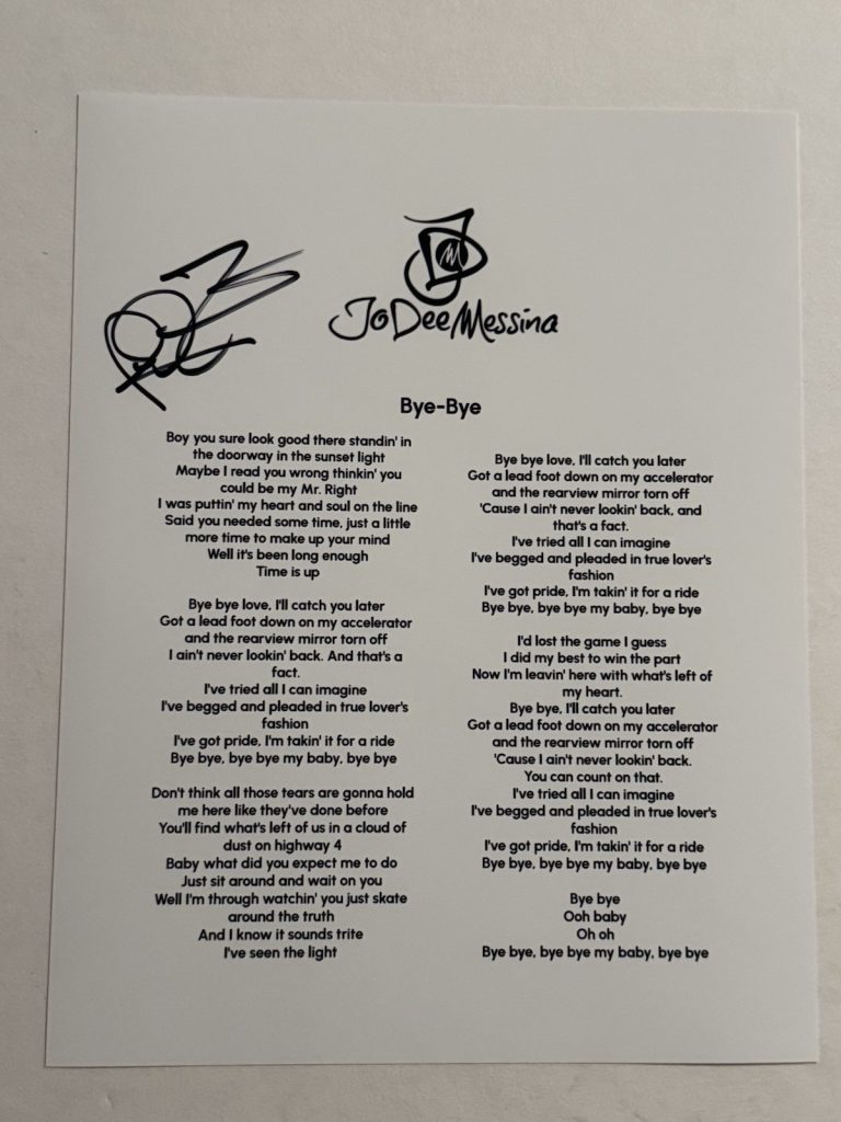 JODEE MESSINA HAND SIGNED LYRIC SHEET AUTOGRAPHED COUNTRY SINGER RARE COA