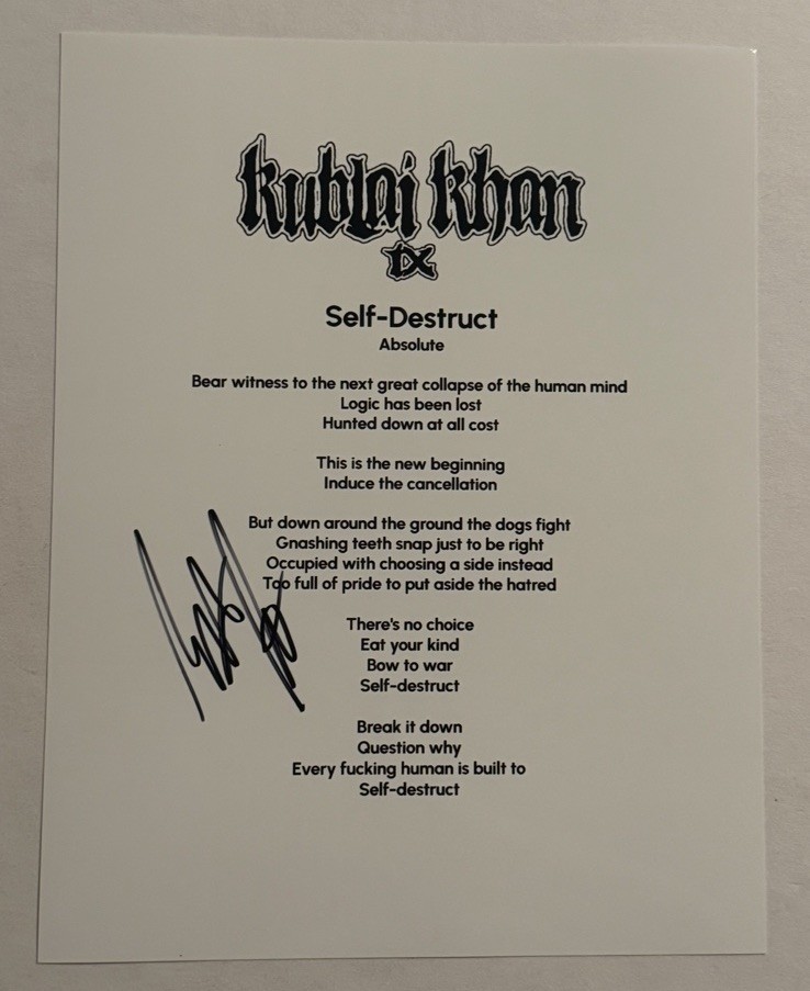 MATT HONEYCUTT SIGNED LYRIC SHEET AUTOGRAPHED KUBLAI KHAN TX BAND SINGER COA