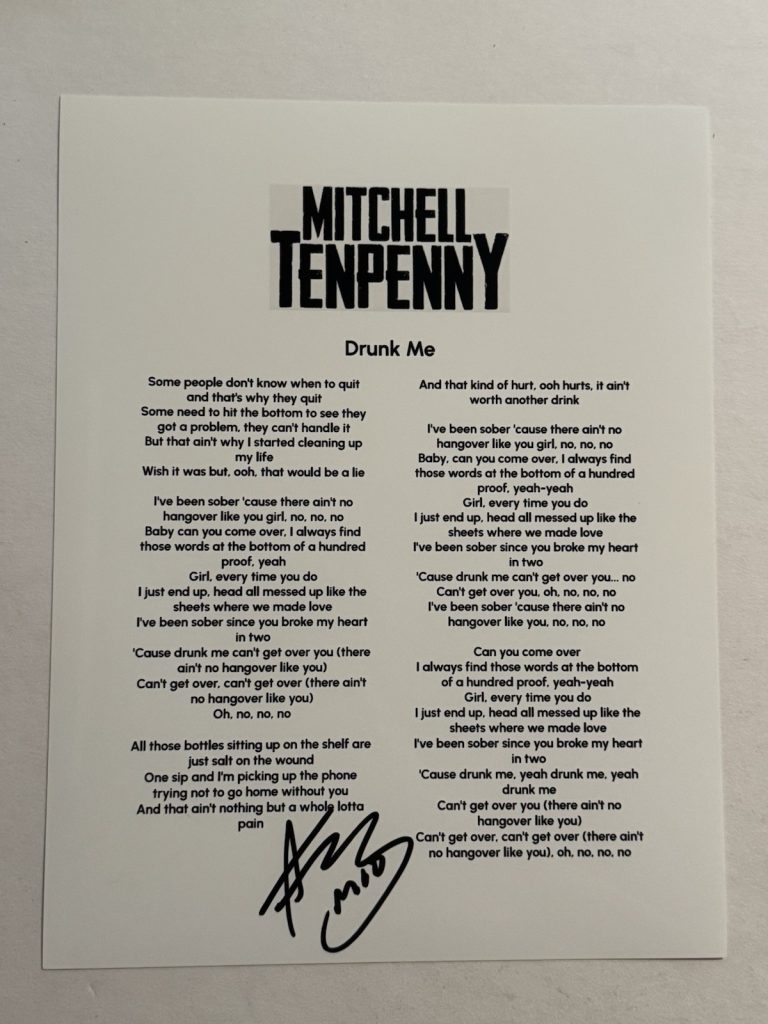 MITCHELL TENPENNY HAND SIGNED LYRIC SHEET AUTOGRAPHED COUNTRY SINGER RARE COA