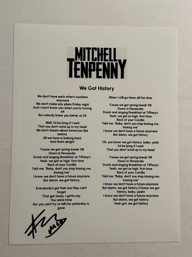 MITCHELL TENPENNY HAND SIGNED LYRIC SHEET AUTOGRAPHED COUNTRY SINGER RARE COA