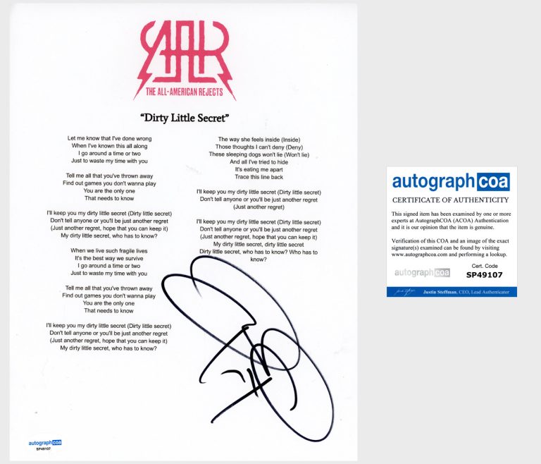 Tyson Ritter 'All American Rejects' Signed Lyric Sheet Dirty Little Secret ACOA