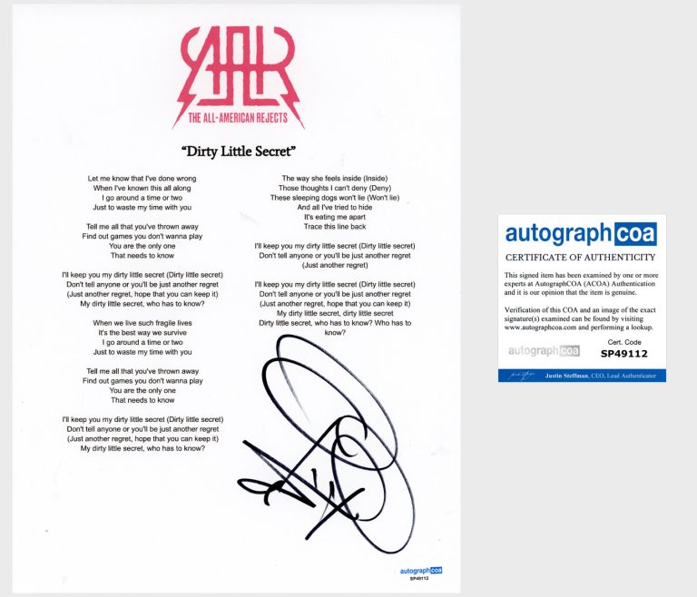 Tyson Ritter 'All American Rejects' Signed Lyric Sheet Dirty Little Secret ACOA