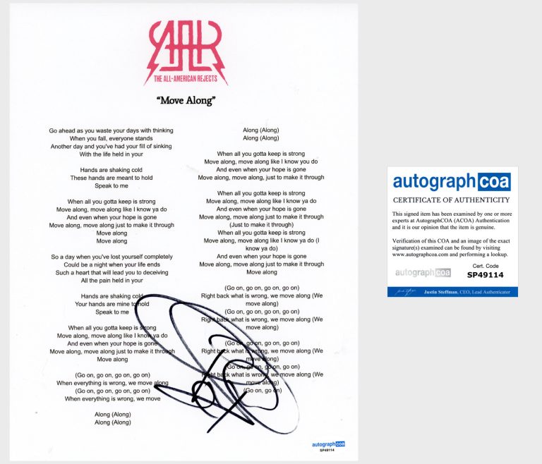 Tyson Ritter 'All American Rejects' Signed Lyric Sheet 'Move Along' ACOA