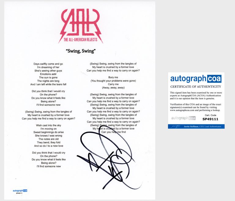 Tyson Ritter 'All American Rejects' Signed Lyric Sheet 'Swing, Swing' ACOA