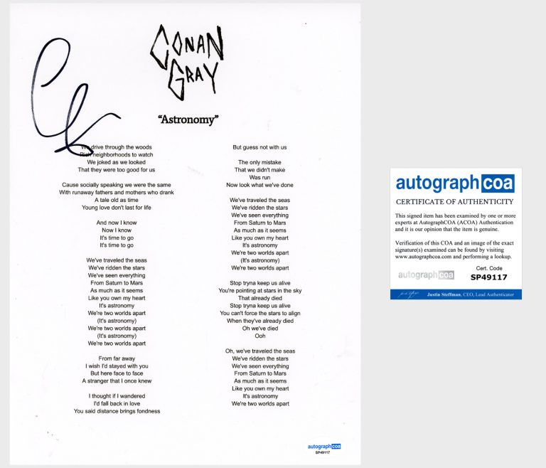 Conan Gray ‘Astronomy’ Signed Lyric Sheet Pop Singer ACOA