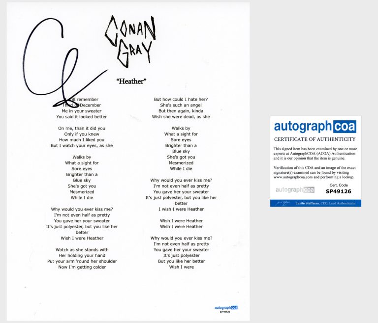 Conan Gray ‘Heather’ Signed Lyric Sheet Pop Singer ACOA