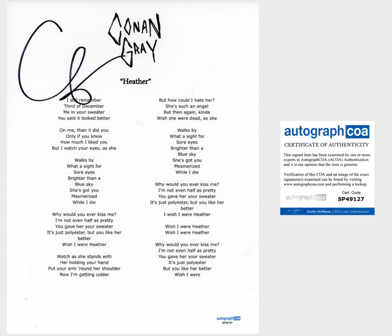 Conan Gray ‘Heather’ Signed Lyric Sheet Pop Singer ACOA