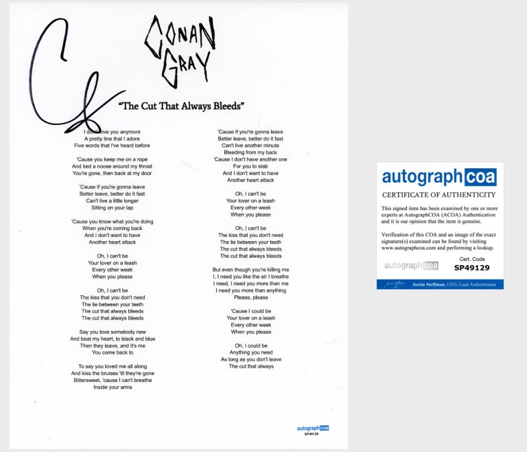 Conan Gray ‘The Cut That Always Bleeds’ Signed Lyric Sheet Pop Singer ACOA