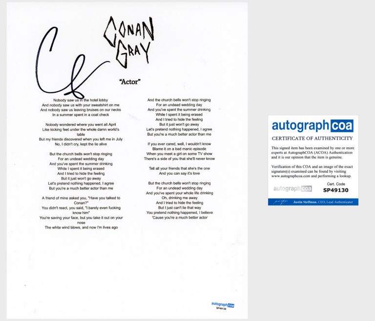 Conan Gray ‘Actor’ Signed Lyric Sheet Pop Singer ACOA