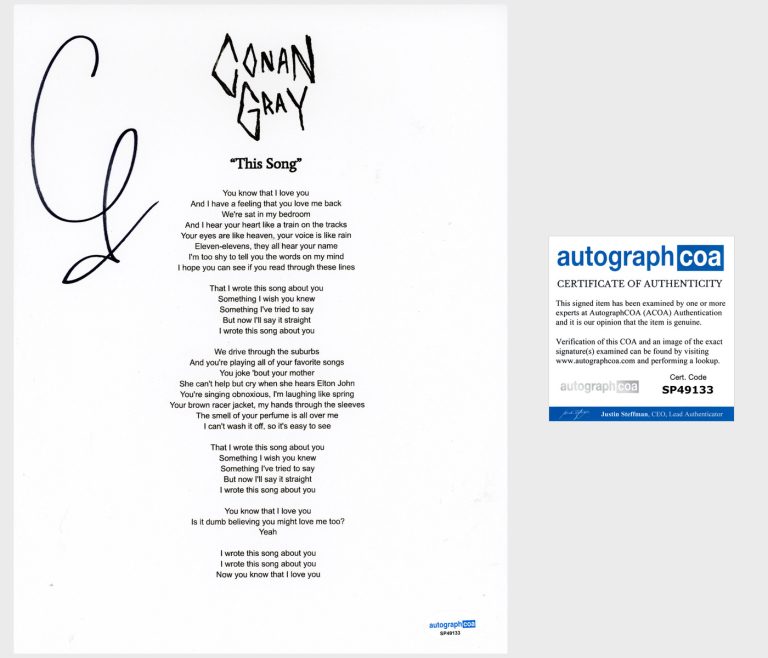 Conan Gray ‘This Song’ Signed Lyric Sheet Pop Singer ACOA