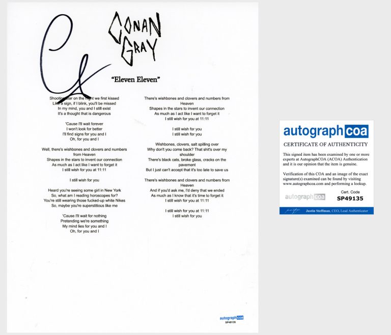 Conan Gray ‘Eleven Eleven’ Signed Lyric Sheet Pop Singer ACOA