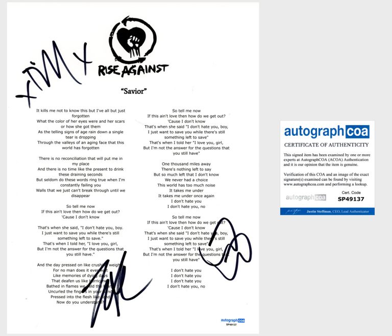 'Rise Against’ Band Signed Lyric Sheet 'Savior' Tim Mcilrath +2 ACOA