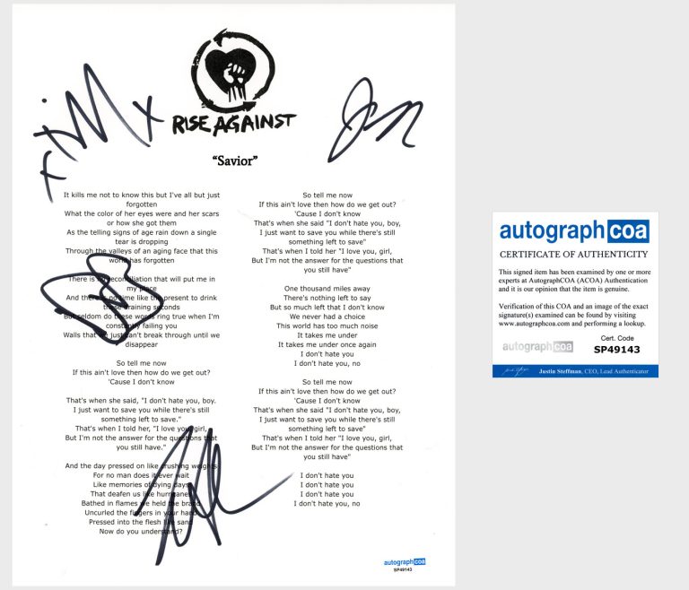'Rise Against’ Band Signed Lyric Sheet 'Savior' Tim Mcilrath +3 ACOA