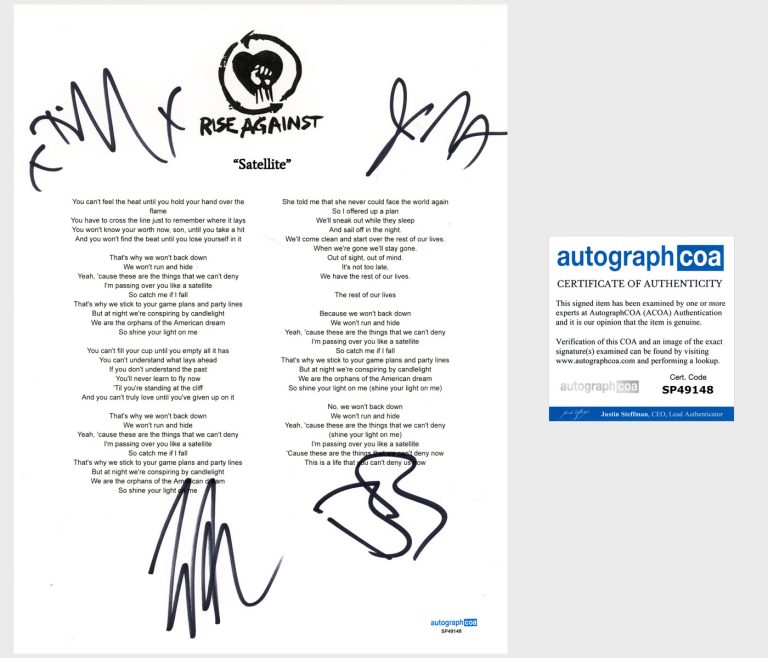 'Rise Against’ Band Signed Lyric Sheet 'Satellite' Tim Mcilrath +3 ACOA