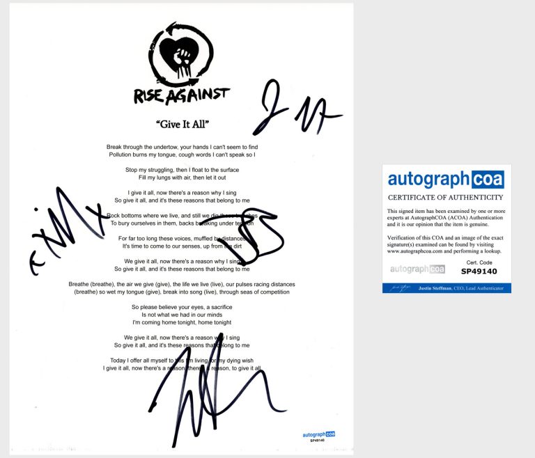 'Rise Against’ Band Signed Lyric Sheet 'Give It All' Tim Mcilrath +3 ACOA
