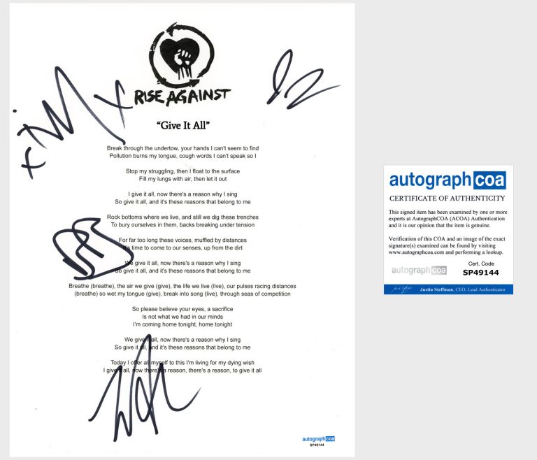 'Rise Against’ Band Signed Lyric Sheet 'Give It All' Tim Mcilrath +3 ACOA