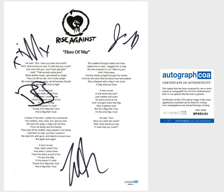 'Rise Against’ Band Signed Lyric Sheet 'Hero Of War' Tim Mcilrath +3 ACOA