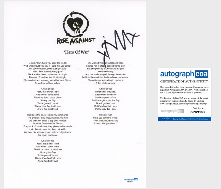 Tim Mcilrath 'Rise Against' Band Signed Lyric Sheet 'Hero Of War' ACOA