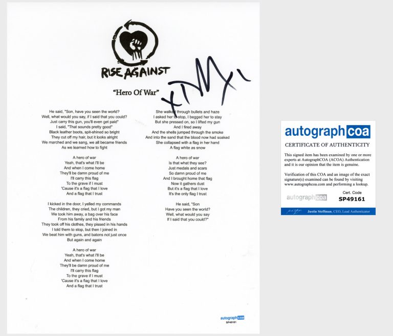 Tim Mcilrath 'Rise Against' Band Signed Lyric Sheet 'Hero Of War' ACOA