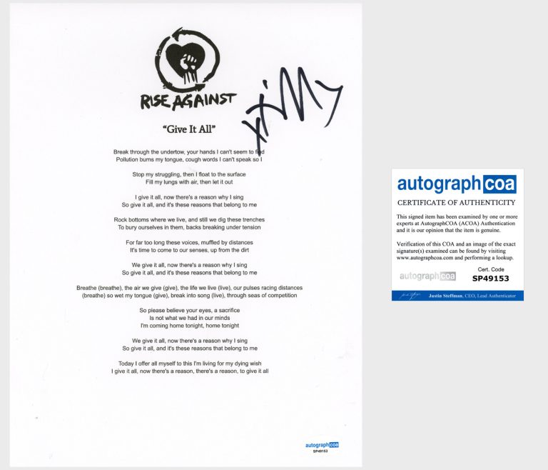 Tim Mcilrath 'Rise Against' Band Signed Lyric Sheet 'Give It All' ACOA