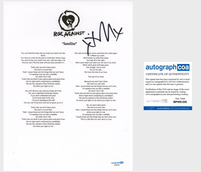 Tim Mcilrath 'Rise Against' Band Signed Lyric Sheet 'Satellite' ACOA