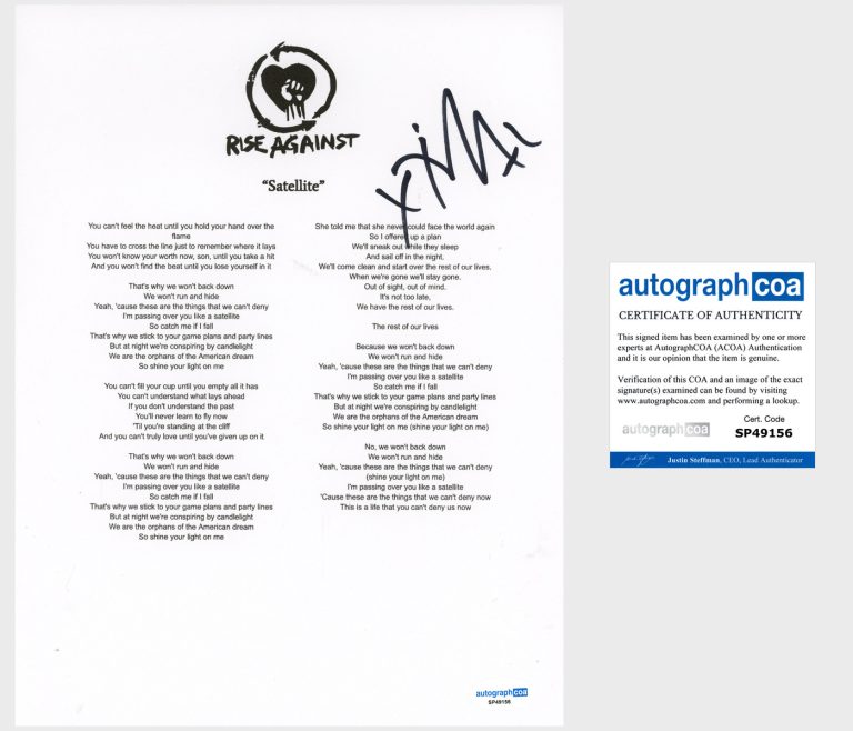 Tim Mcilrath 'Rise Against' Band Signed Lyric Sheet 'Satellite' ACOA