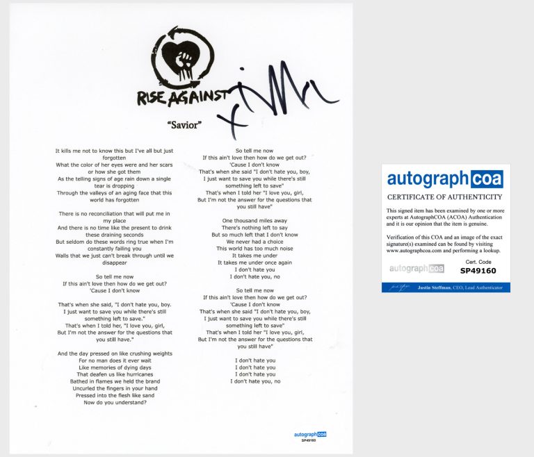 Tim Mcilrath 'Rise Against' Band Signed Lyric Sheet 'Savior' ACOA