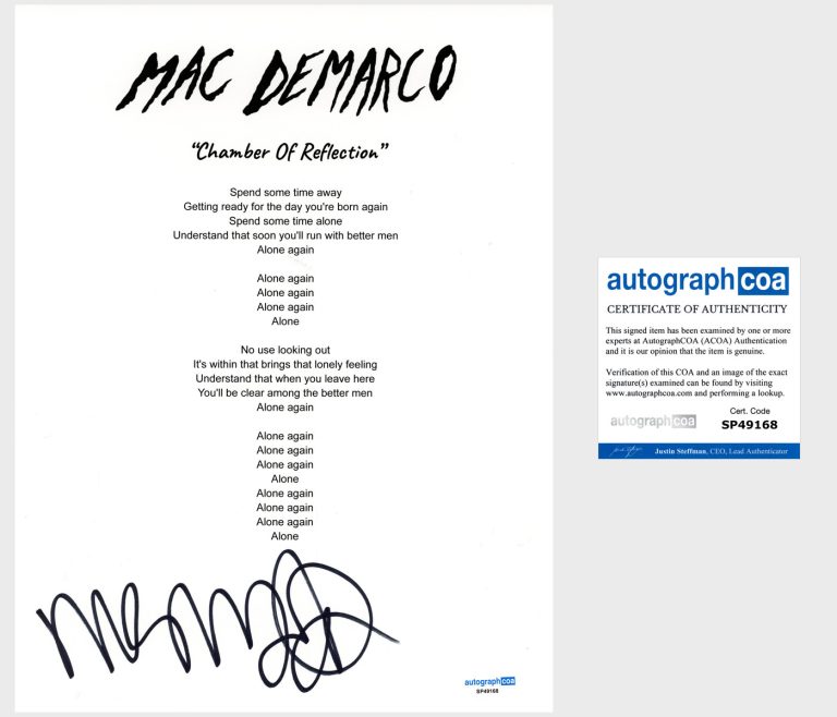 'Mac DeMarco' Signed Lyric Sheet 'Chamber Of Reflection' Indie Pop ACOA