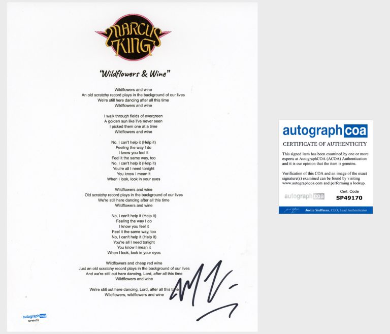 'Marcus King' Signed Lyric Sheet 'Wildflowers & Wine' ACOA