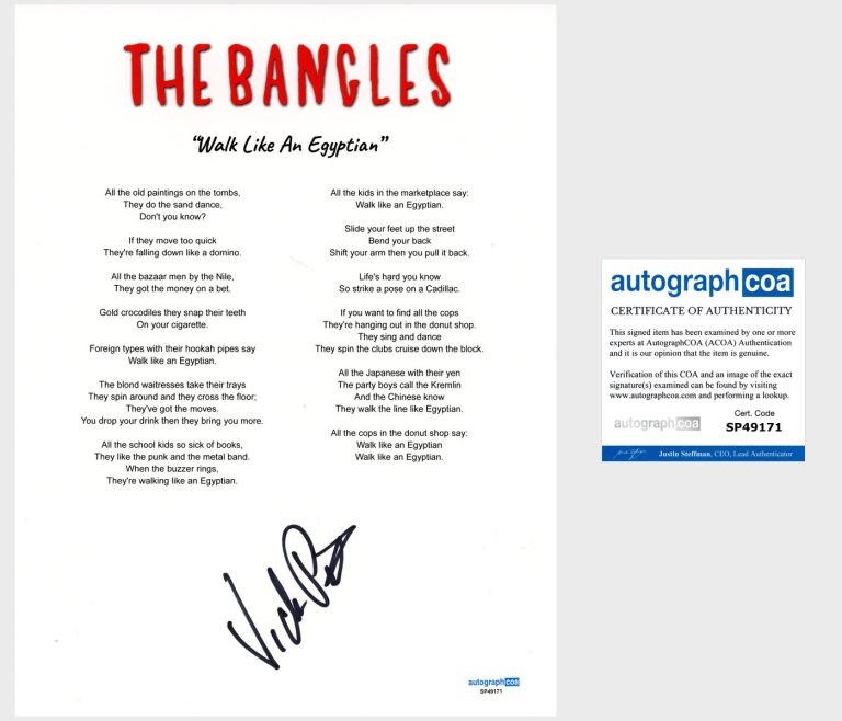 Vicki Peterson 'The Bangles' Signed Lyric Sheet 'Walk Like An Egyptian' ACOA