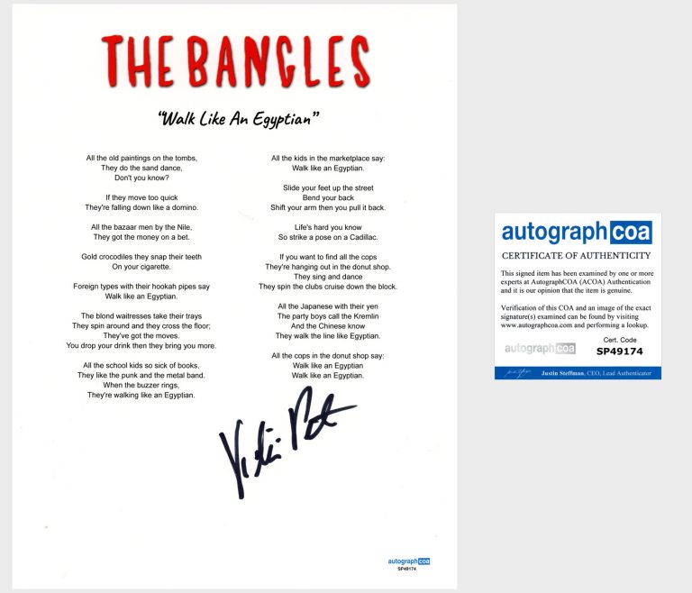 Vicki Peterson 'The Bangles' Signed Lyric Sheet 'Walk Like An Egyptian' ACOA