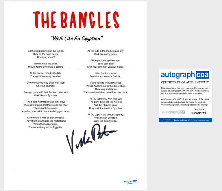 Vicki Peterson 'The Bangles' Signed Lyric Sheet 'Walk Like An Egyptian' ACOA
