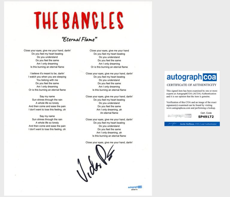 Vicki Peterson 'The Bangles' Signed Lyric Sheet 'Eternal Flame' ACOA
