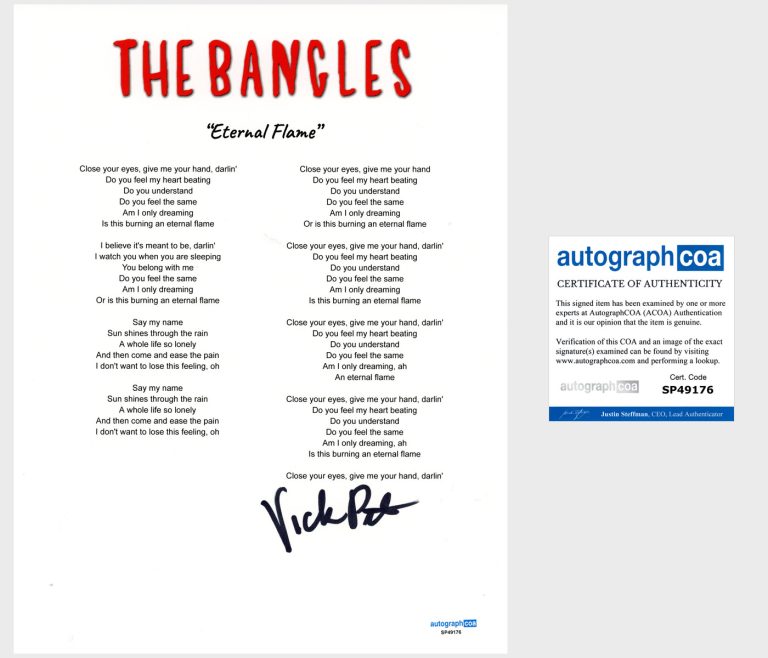 Vicki Peterson 'The Bangles' Signed Lyric Sheet 'Eternal Flame' ACOA