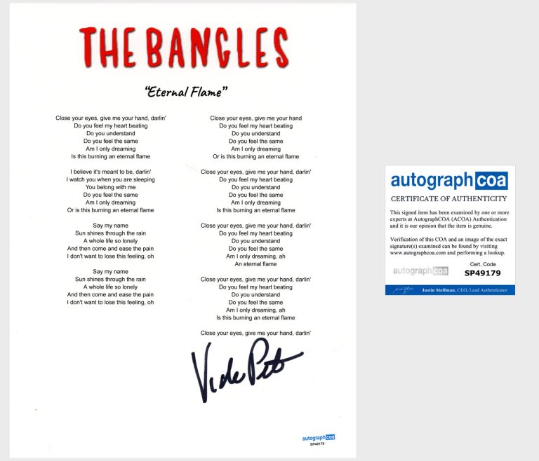 Vicki Peterson 'The Bangles' Signed Lyric Sheet 'Eternal Flame' ACOA