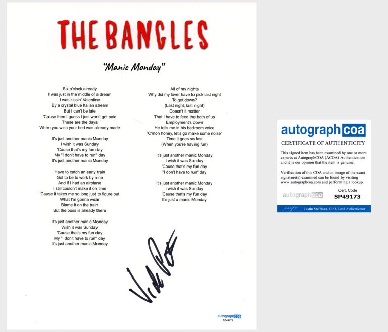 Vicki Peterson 'The Bangles' Signed Lyric Sheet 'Manic Monday' ACOA