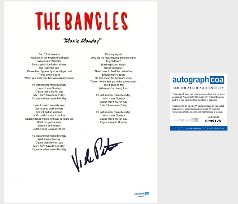 Vicki Peterson 'The Bangles' Signed Lyric Sheet 'Manic Monday' ACOA