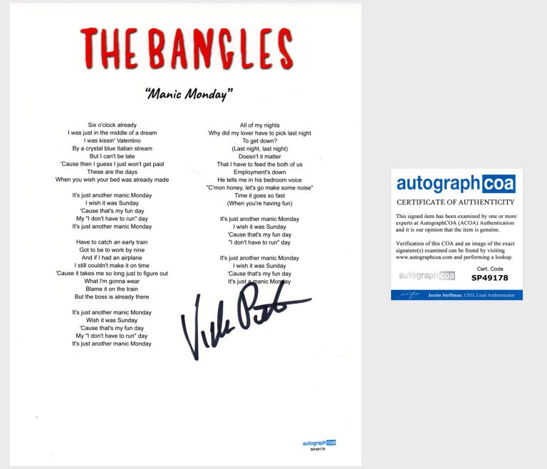 Vicki Peterson 'The Bangles' Signed Lyric Sheet 'Manic Monday' ACOA