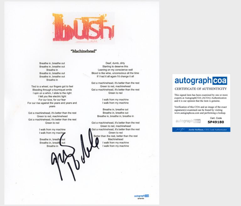 Gavin Rossdale 'Bush' Band Signed Lyric Sheet 'Machinehead' ACOA