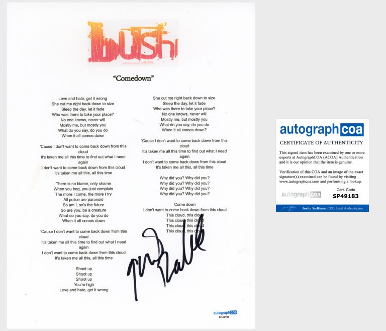 Gavin Rossdale 'Bush' Band Signed Lyric Sheet 'Comedown' ACOA