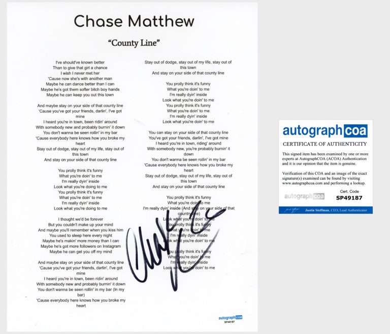 ‘Chase Matthew’ Signed Lyric Sheet ‘County Line’ Country Singer ACOA