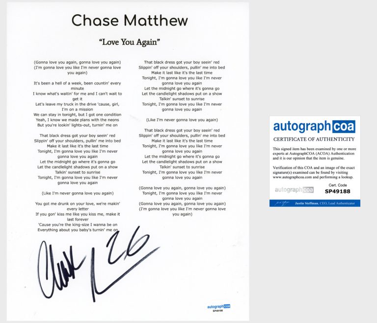 ‘Chase Matthew’ Signed Lyric Sheet ‘Love You Again’ Country Singer ACOA