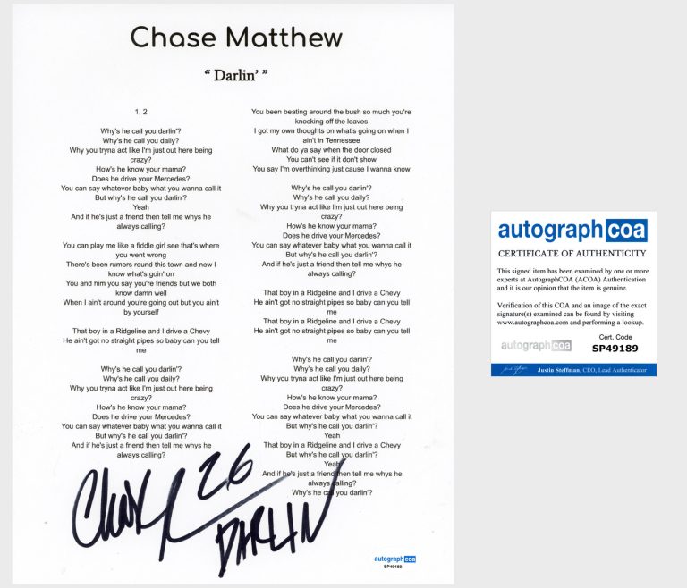 ‘Chase Matthew’ Signed Lyric Sheet ‘Darlin’ Country Singer ACOA