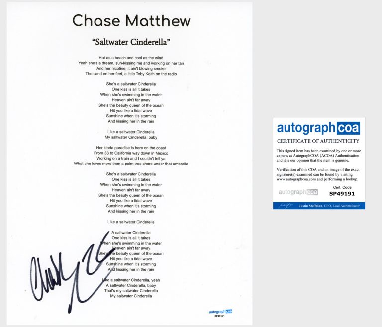 ‘Chase Matthew’ Signed Lyric Sheet ‘Saltwater Cinderella’ Country Singer ACOA